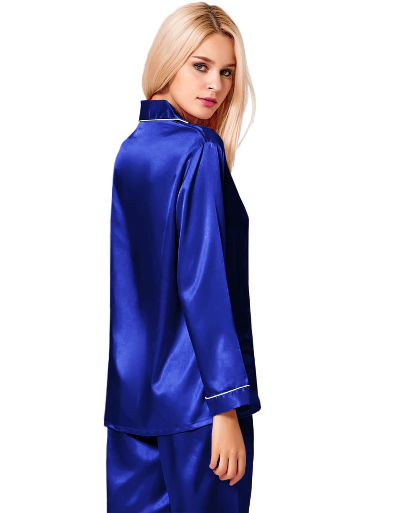 SWOMOG Womens Silk Satin Pajamas Long Sleeve Loungewear Two-Piece Sleepwear Button-Down Pj Set Blue - Image 5
